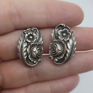 Antique Sterling Repousse Floral Earrings by S Kirk & Son
